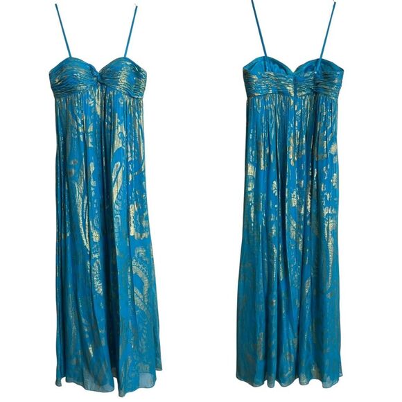 Aqua Dresses Silk Blend Strapless Blue & Metallic Gold Maxi Dress Sz 2 Pleated - Picture 1 of 11